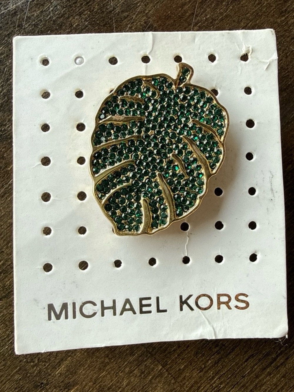 Michael Kors Gold-Tone Leaf Pin with Emerald Crystals